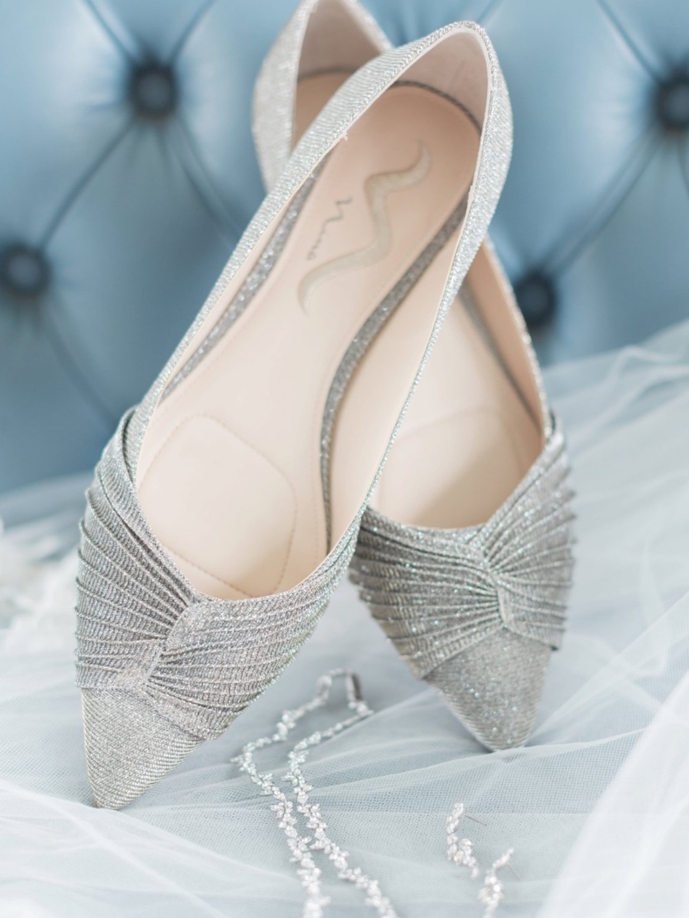 Nina Silver Glitter Pointed-Toe Flats with Pleated Detail